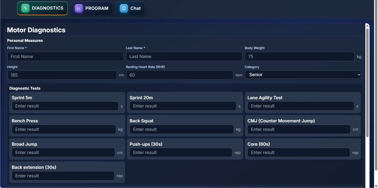 AI Coach Simbion — motor diagnostics input